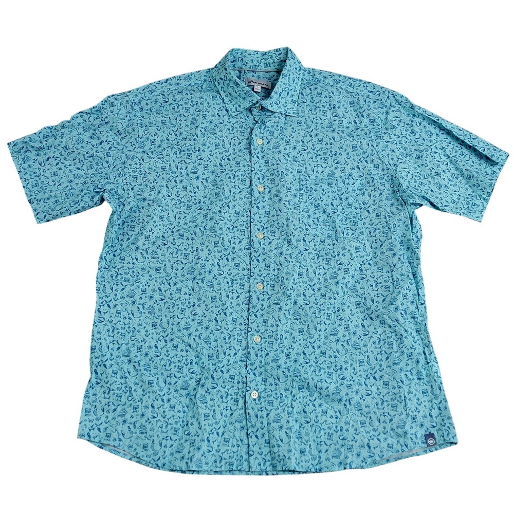 Peter Millar Sailor's Delight Shirt Mens L Blue Print Short Sleeve Stretch